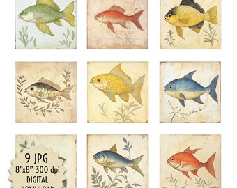 Vintage Fish Tile Prints, Coastal Wall Art, 9 Digital JPG, Nautical Ocean Theme, Aged Aesthetic, Instant Download for Home Decor and Crafts