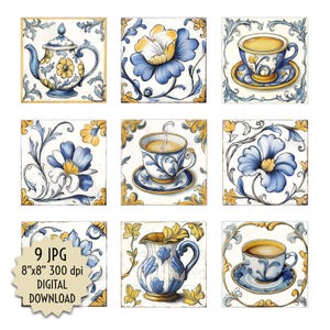 Tegels in klassieke stijl, vintage digitaal ontwerp, bloem, kopje, kan, theepot; voor rustiek cafédecor, eetkamer, ambachten, downloadbare afbeeldingen afdrukken