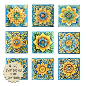 Puede incluir: Nueve imágenes digitales de azulejos de 20,3 cm por 20,3 cm con un diseño floral. Los azulejos presentan una flor amarilla con acentos azules y verdes sobre un fondo azul.