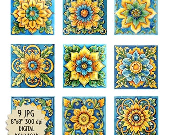 May include: Nine digital images of 8 inch by 8 inch tiles with a floral design. The tiles feature a yellow flower with blue and green accents on a blue background.