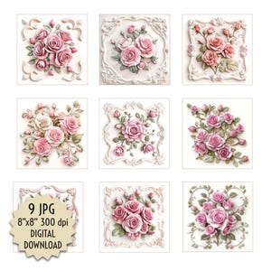 Juego de azulejos de porcelana con rosas, imágenes digitales florales rosas, estampados victorianos shabby chic para posavasos, paneles de pared, creación de tarjetas, descarga instantánea