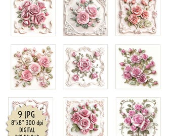 磁器のバラのタイルセット、ピンクの花のデジタル画像、コースター、壁パネル、カード作りに使えるシックなビクトリア朝風プリント、すぐにダウンロード可能