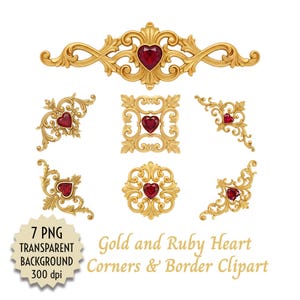 Può includere: Set di clipart decorative color oro con accenti a forma di cuore di rubino. Il set include un bordo e vari design angolari. Il testo sull'immagine recita "Gold and Ruby Heart Corners & Border Clipart."