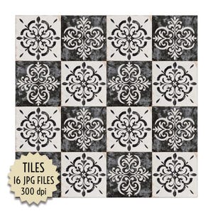 Set di piastrelle in bianco e nero, mosaici digitali, motivo ornamentale, stile gotico, texture dipinta a mano, invecchiato, usurato, vintage, elegante, senza tempo
