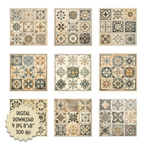 Antieke klassieke tegels beige bruin grijs afbeeldingen mozaïeken decoratief huis keuken backsplash kaart afdrukbaar digitaal downloadbestand JPG 8 x 8 inch