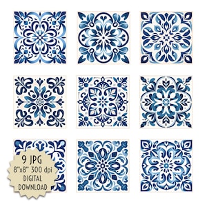 May include: Nine digital download images of blue and white patterned tiles. Each tile is 8 inches by 8 inches and 300 dpi.