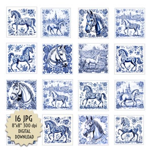 Peut inclure: Un ensemble de 16 images numériques représentant des illustrations bleues et blanches de chevaux dans différentes poses. Les images sont en format tuile et présentent une bordure florale décorative. Les images mesurent 20,32 cm par 20,32 cm et 300 dpi.