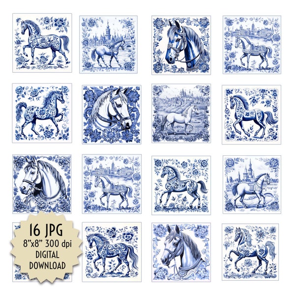 16 Horse Tiles Blue and White Hand-Painted Porcelain Ceramic Mosaic Kitchen Fireplace Decor Digital Design Instant Download Print 8x8 in JPG