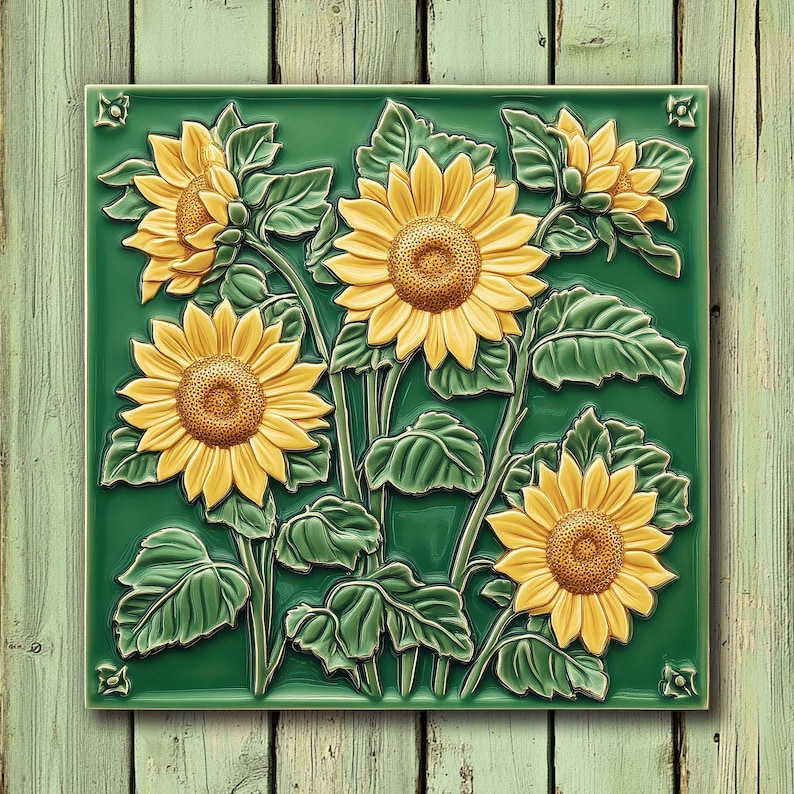 Flower tile on green-painted wooden background