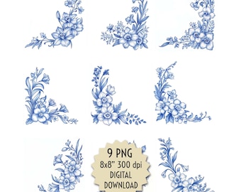 Blue Ink Daffodil Corner Clipart, Chinoiserie Flower Border PNG, 9 Files for Invitations, Digital Projects, Transfer, Sublimation, DIY Craft