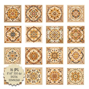 Pode incluir: Dezasseis imagens quadradas de download digital de azulejos decorativos. Cada azulejo apresenta um design simétrico único em tons de bege, castanho, amarelo e azul. O texto "16 JPG 8"x8" 300 dpi DOWNLOAD DIGITAL" está numa faixa creme.