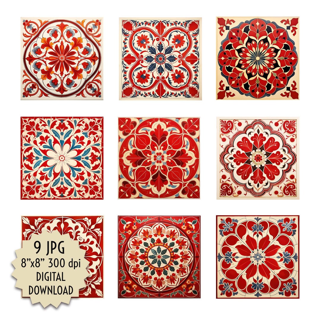 Vintage Red Tiles Clipart: Set of 9 Spanish-style Tiles, Decoration ...
