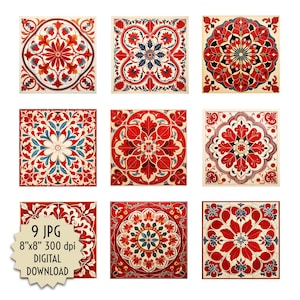 May include: Nine digital download images of red, blue, and white floral tile patterns. Each tile is 8 inches by 8 inches and 300 dpi.