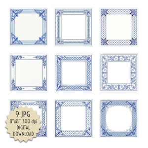 Op de afbeelding: Negen vierkante digitale download afbeeldingen met sierlijke blauw-witte frames. Elk frame heeft een uniek ontwerp, met bloemen-, geometrische en traliewerkpatronen. De afbeeldingen zijn 20.32 cm x 20.32 cm, 300 dpi, perfect voor creatieve projecten.