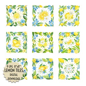 Puede incluir: Nueve baldosas de limón en acuarela, cada una de 20x20cm, disponibles como descarga digital. Las baldosas presentan limones, flores blancas y azules, enmarcadas por hojas verdes sobre un fondo blanco. El diseño es fresco y vibrante.