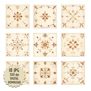 May include: Nine digital printable images of brown and cream tile designs with floral patterns. The tiles are square and have a vintage look. 18 JPG 300 dpi DIGITAL DOWNLOAD.