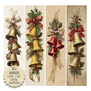 May include: Four vertical Christmas-themed digital art pieces featuring bell borders. Each border showcases gold or red bells, holly, and ribbons. The text "BELL BORDERS 4 PNG - 5cm x 20cm DIGITAL DOWNLOAD" is visible on the left.