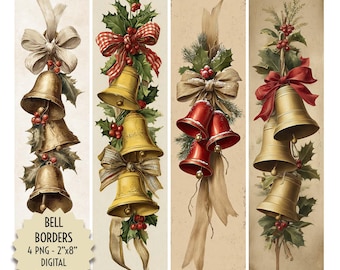 Vintage Christmas Bells Border Set, Vertical Holiday Illustrations 4 PNG 2x8", Digital Clipart for Invitations, Bookmarks, and Winter Crafts