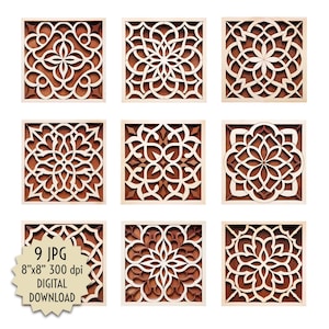 Wooden Carved Tiles, Digital Download, Arabic Style Wall Patterns, Rustic Mosaic Motifs for Cabinet Kitchen Door, Floral Decor, Brown Panels
