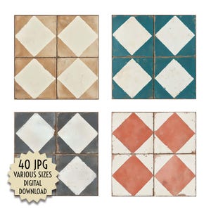 May include: Four digital tile patterns with a diamond design. The tiles are in four different color combinations: brown and white, teal and white, gray and white, and red and white.