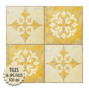 Carreaux jaunes, motif médiéval usé, floral et croix, tons crème, mosaïque numérique réaliste pour décoration, créations manuelles, téléchargement immédiat