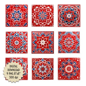 Azulejos vintage rojos y azules, mosaico de decoración y diseño de estilo español PNG, descarga digital imprimible 8x8, cerámica para baño y cocina