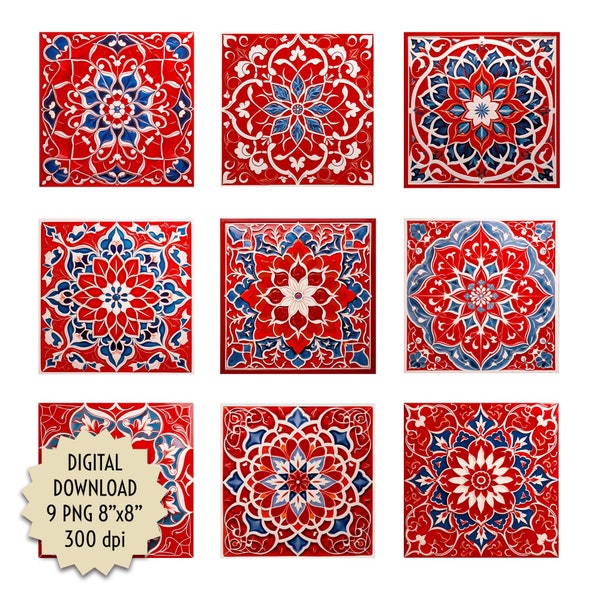 Vintage Red and Blue Clipart Tiles, PNG Spanish-style Decoration and Design Mosaic, Printable Digital Download 8x8, Kitchen Bathroom Ceramic
