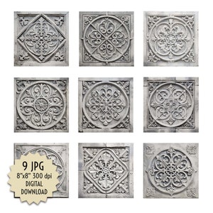 Azulejo de piedra tallada de estilo gótico medieval antiguo con decoración de patrón floral en relieve simétrico Descarga digital imprimible JPG 8x8" 300dpi