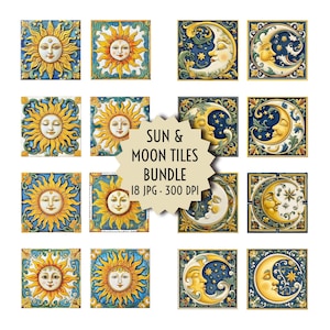 May include: A set of square tiles with sun and moon designs. The sun tiles display a yellow face with a golden sunburst on a blue and green background. The moon tiles feature a crescent moon with a face and stars on a dark blue background. The text "SUN & MOON TILES BUNDLE" is in the center.