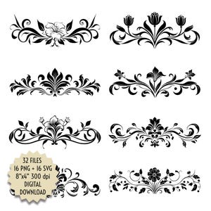 Borde con adornos florales vectoriales, color negro, adornos decorativos, SVG, PNG, fondo transparente, estilo vintage, descarga digital