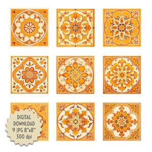 May include: Nine digital printable tiles with intricate floral patterns in shades of orange, yellow, and brown. The tiles are 8 inches by 8 inches and 300 dpi.