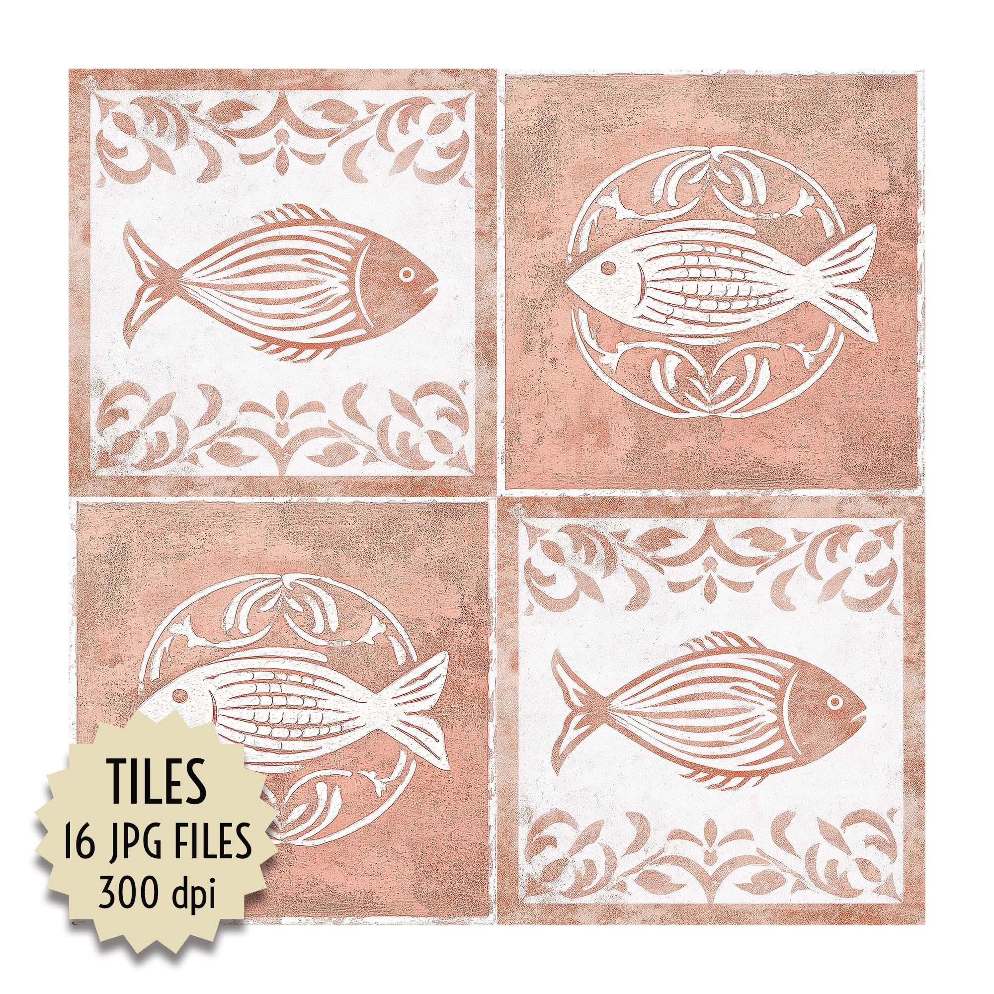 Salmon Tiles, Rustic Fish Mosaic Design, White Aged Weathered Vintage Look, Realistic Stone Texture, Wall Art, Digital File Instant Download