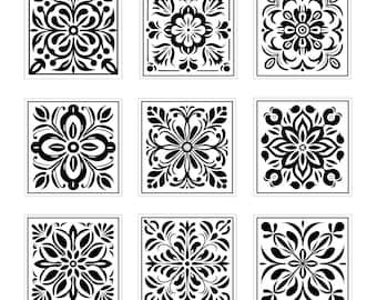 Coloring Tile Vector Clipart Black Mosaic Spanish Style Flower Decoration Fireplace Ceramic 12x12 inch Digital Design Download Print PNG SVG