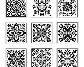 Coloring Tile Vector Clipart Black Mosaic Spanish Style Flower Decoration Fireplace Ceramic 12x12 inch Digital Design Download Print PNG SVG