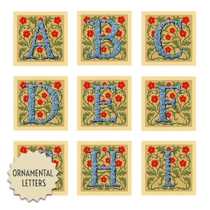 May include: Nine square prints featuring ornate blue letters A through I. Each letter is set against a background of red flowers and green foliage on a cream-colored square. The words "ORNAMENTAL LETTERS" are on a cream-colored tag.