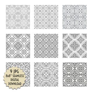 May include: Nine grayscale seamless digital patterns, each 8x8 inches, featuring ornate, repeating tile designs. The patterns include floral, geometric, and arabesque motifs in shades of gray and white. The image includes a digital download label.