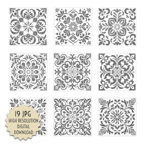May include: Nine black and white digital tile designs with intricate floral patterns. The tiles are square and have a symmetrical design.