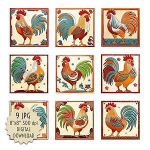 Piastrelle a forma di gallo in stile rustico, stile folk, colori vivaci, design digitale per paraschizzi, artigianato, decorazioni fai da te per la cucina, download istantaneo di arte