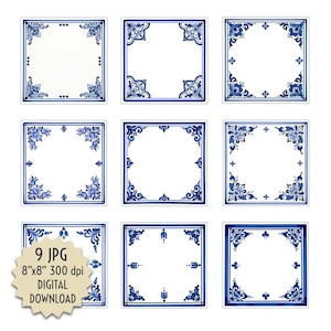May include: Nine square digital download images with white backgrounds and blue floral corner designs. Each square has a different floral pattern. The text "9 JPG 8"x8" 300 dpi DIGITAL DOWNLOAD" is in a tan starburst shape.