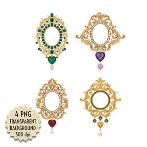 May include: Four ornate, gold-colored jewelry designs with oval frames. Each design features intricate scrollwork and is adorned with gemstones in green, purple, red, and yellow. The designs include heart-shaped and teardrop-shaped pendants. The image also includes text that reads "4 PNG TRANSPARENT BACKGROUND 300 dpi."