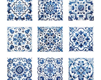 Vintage Blue Mediterranean Spanish Style Tile Digital Design Clipart Mosaic Decorated Ornamental 12x12 Download Printable Decoration Ceramic