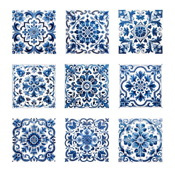 Vintage Blue Mediterranean Spanish Style Tile Digital Design Clipart Mosaic Decorated Ornamental 12x12 Download Printable Decoration Ceramic
