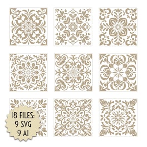 May include: A collection of nine square tiles featuring intricate beige floral and geometric patterns on a white background. A beige starburst-shaped badge in the bottom left corner displays the text 18 FILES: 9 SVG 9 AI in black font.