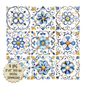 May include: Nine digital images of blue and gold floral tile designs. Each tile is 8 inches by 8 inches and 300 dpi.
