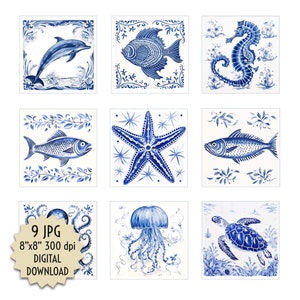Può includere: Nove illustrazioni digitali di creature marine blu e bianche su uno sfondo bianco. Le illustrazioni includono un delfino, un pesce, un cavalluccio marino, una stella marina, una medusa, una tartaruga e un polpo.