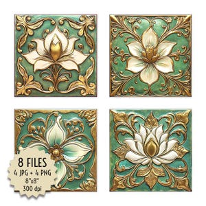 Azulejos clásicos de flor de loto en verde esmeralda y blanco con detalles dorados. Descarga digital para proyectos de arte, decoración de paredes y muebles imprimibles
