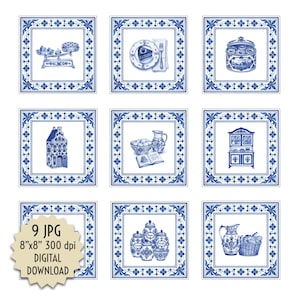 Puede incluir: Nueve estampados cuadrados decorativos azules y blancos con varias ilustraciones con temática de cocina. Cada estampado presenta un diseño diferente, que incluye una balanza, pastel, tarro, casa, cuenco de huevos y un armario. Los estampados están enmarcados con un borde floral.