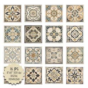 May include: Set of 16 digital download images of vintage style tiles with intricate floral patterns in shades of blue, yellow, and brown. Each tile is 8 inches by 8 inches and 300 dpi.