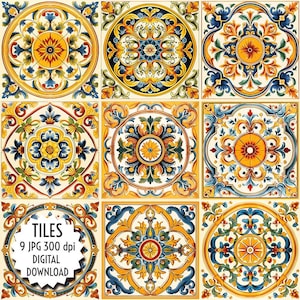 May include: Nine digital download images of colorful Italian-style tiles with intricate floral patterns in shades of yellow, blue, green, and red. The text "TILES 9 JPG 300 dpi DIGITAL DOWNLOAD" is at the bottom of the image.