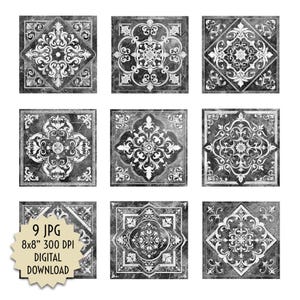 以下が含まれることがあります： グレーと白の色合いで、装飾的で対称的なデザインが施された9つの正方形のデジタルダウンロード。各タイルは、花柄と幾何学的な要素を備えたユニークなパターンを示しています。「9 JPG 8x8" 300 DPI DIGITAL DOWNLOAD」というテキストが表示されています。